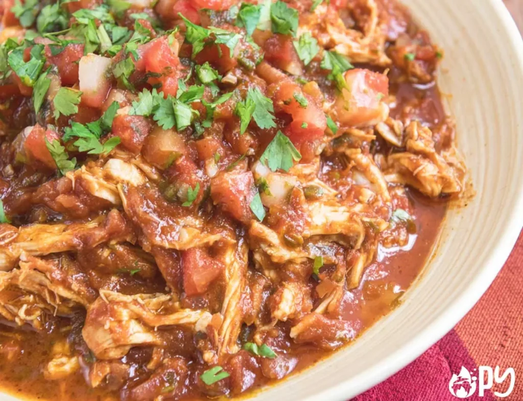 slow cooker salsa chicken in a bowl with cilantro