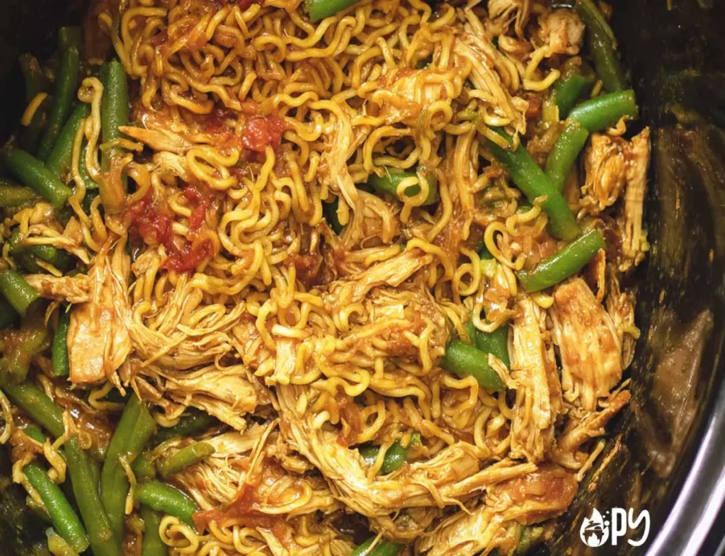 slow cooker chicken and noodles in a bowl