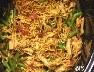 slow cooker chicken and noodles in a bowl