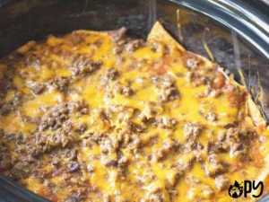 Slow cooker cheeseburger casserole with melted cheese