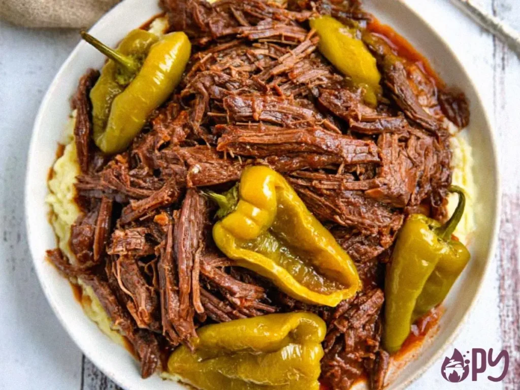 Slow Cooker Mississippi Pot Roast with gravy and pepperoncini