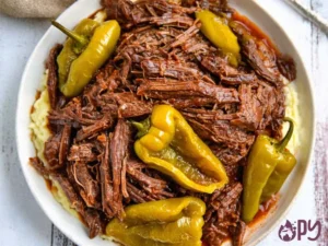 Slow Cooker Mississippi Pot Roast with gravy and pepperoncini