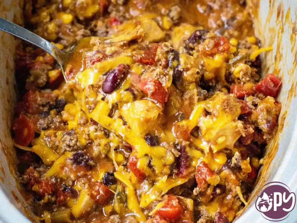 Slow Cooker Cowboy Casserole with melted cheese, beans, corn, and peppers in a rustic crockpot.