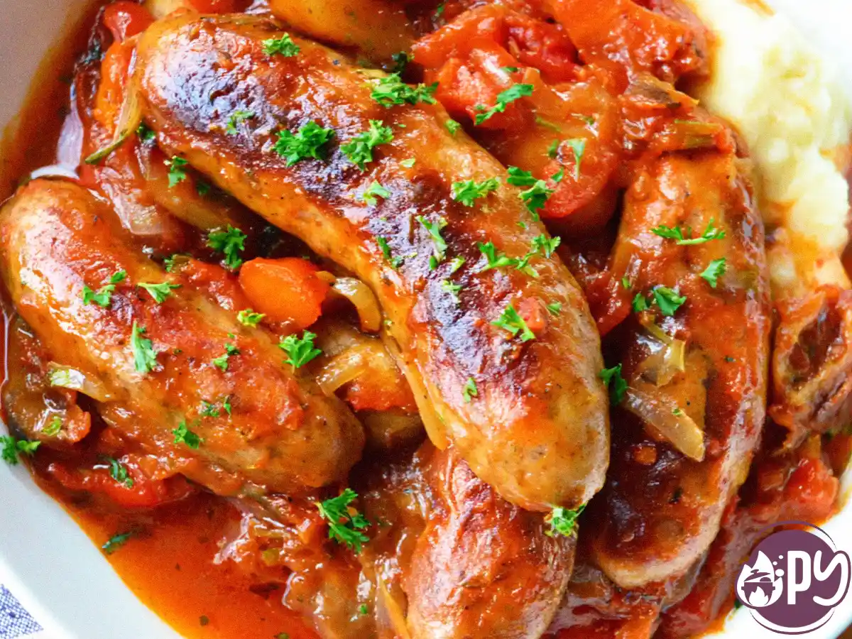 slow cooker sausage dish served with bread