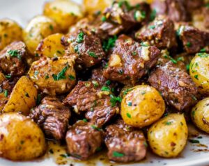 Slow Cooker Garlic Butter Beef Bites & Potatoes