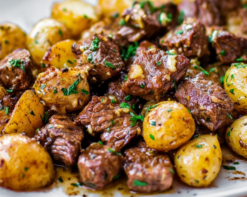 Slow Cooker Garlic Butter Beef Bites & Potatoes