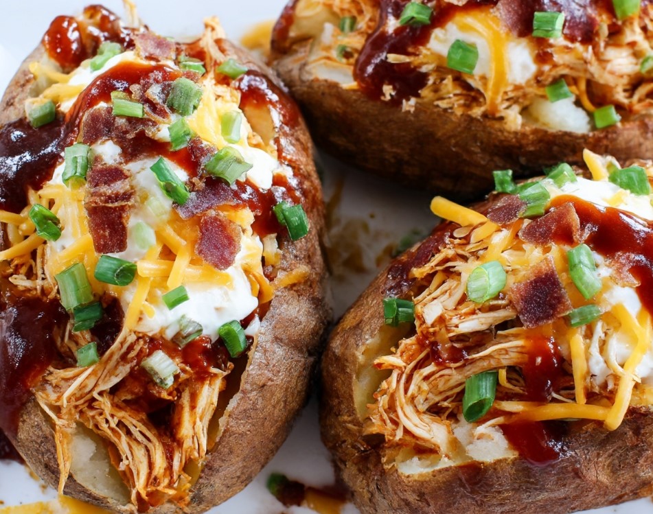Slow Cooker BBQ Chicken Loaded Baked Potatoes